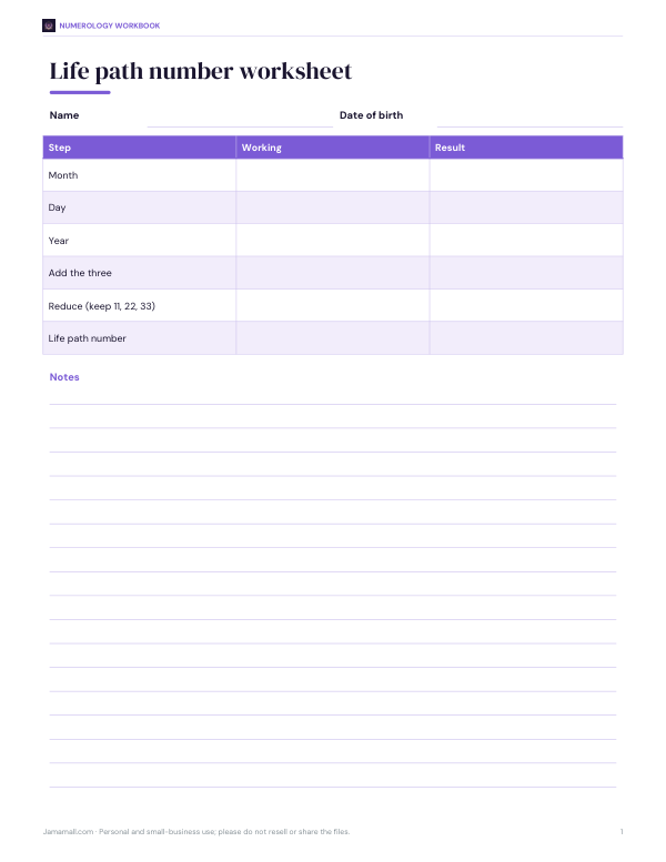 Preview of Printable Life Path Number Worksheet